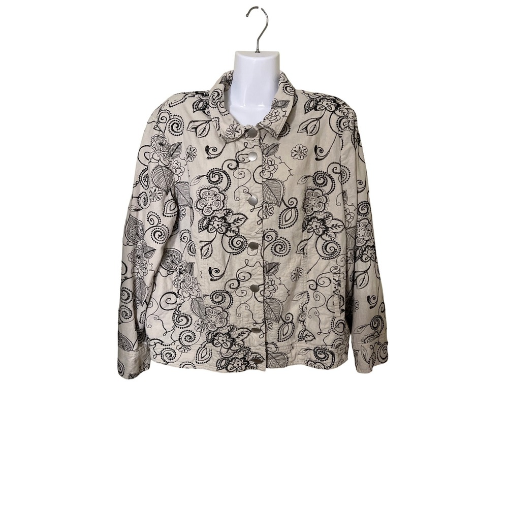 Susan Graver Style  Linen Blend Floral Embroidered Button Front‎ Jacket - XL